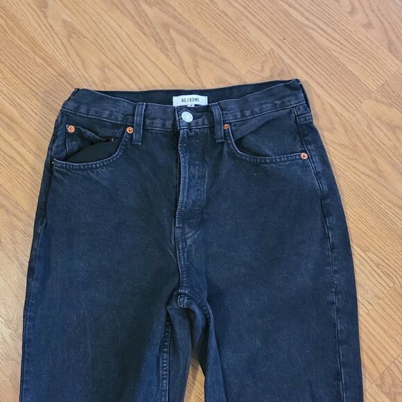 RE/DONE 70s HIGH-RISE SKINNY BOOT JEANS SPLIT HEM RIGID DENIM WASHED BLACK sz 26 - Picture 3 of 8